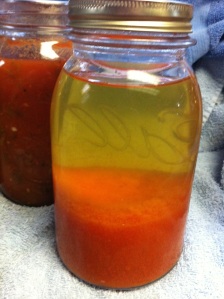 When the jars cool you will notice that the water separates from the tomato pulp part.  This is okay.  When ready to use, just give a little shake to mix it back up.